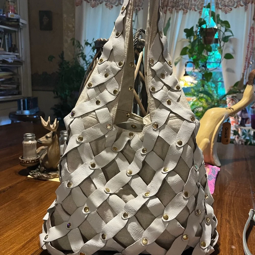 Michael Kors Cream Woven Leather Hobo with Gold-Tone Studs